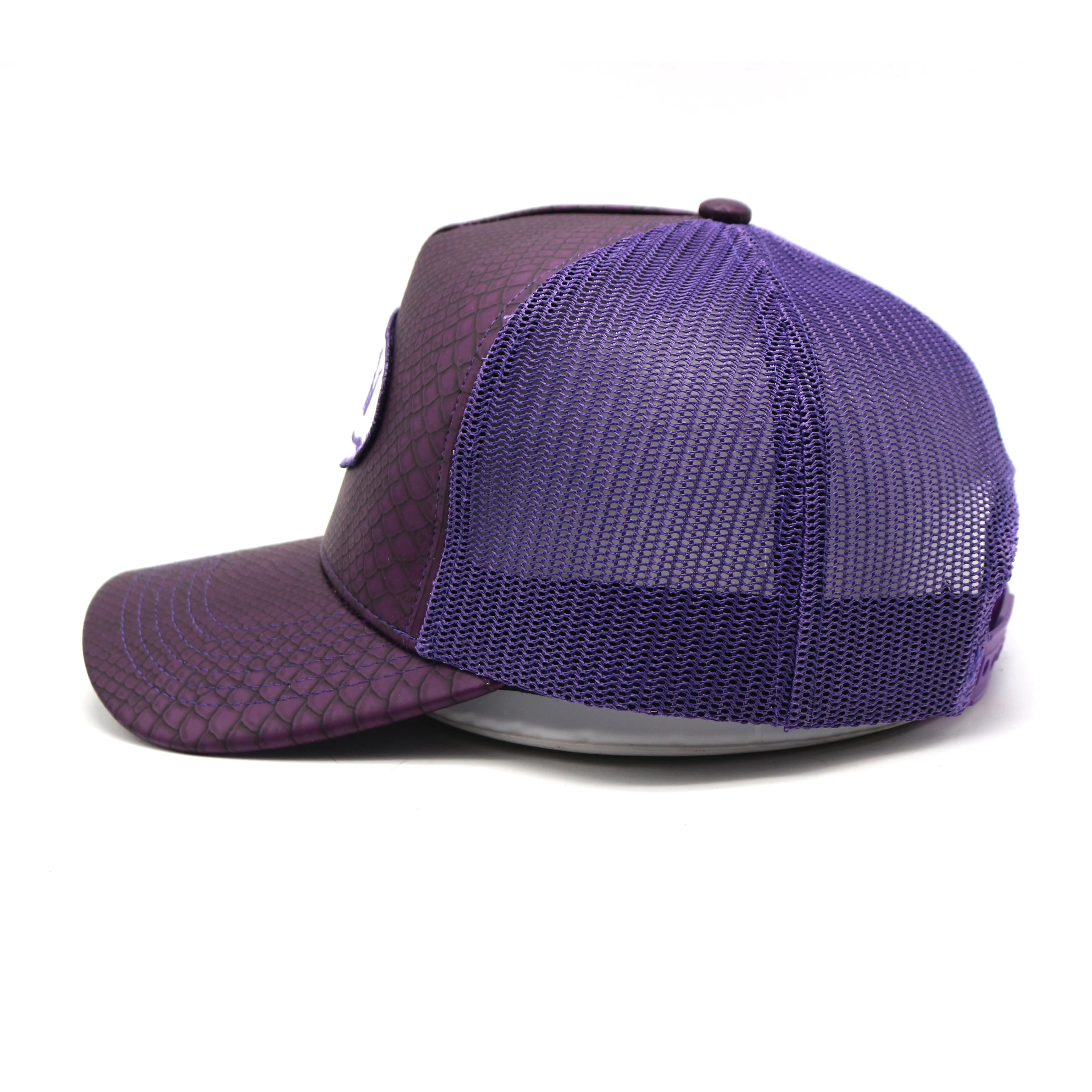 New Style Custom Embroidery logo Fake Snake Skin 5 Panel Pu Leather Mesh Trucker Hat Cap Wholesale
