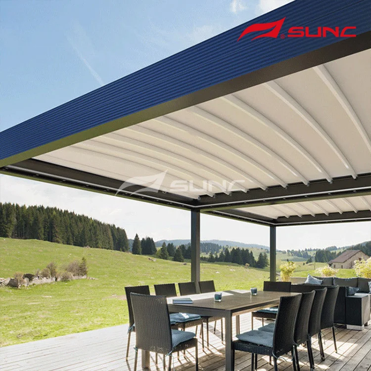Waterproof Outdoor Aluminum Retractable Roof Cover Folding PVC Pergola With LED Lights