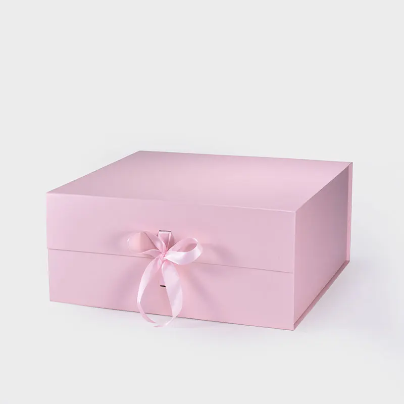 44*44*20cm A3 Square Pink Foldable Cardboard Rigid Magnetic Lid Box Packaging with Ribbon