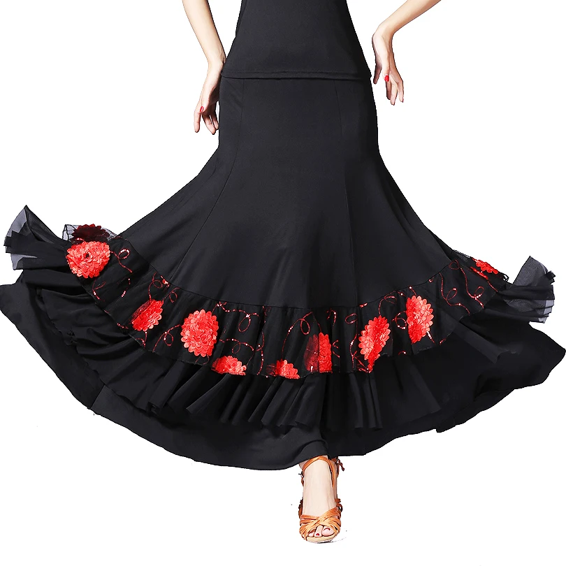 Multicolor large hem practice ballroom dance dress skirt women waltz performance wear