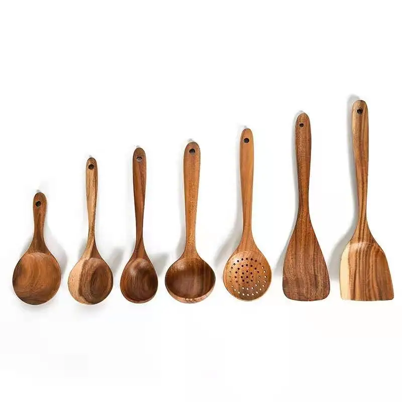 Seven-Piece Teak Wooden Flatware Set for Kitchen and Dining Room Eco-Friendly round Serving Spoons for Food Gifts