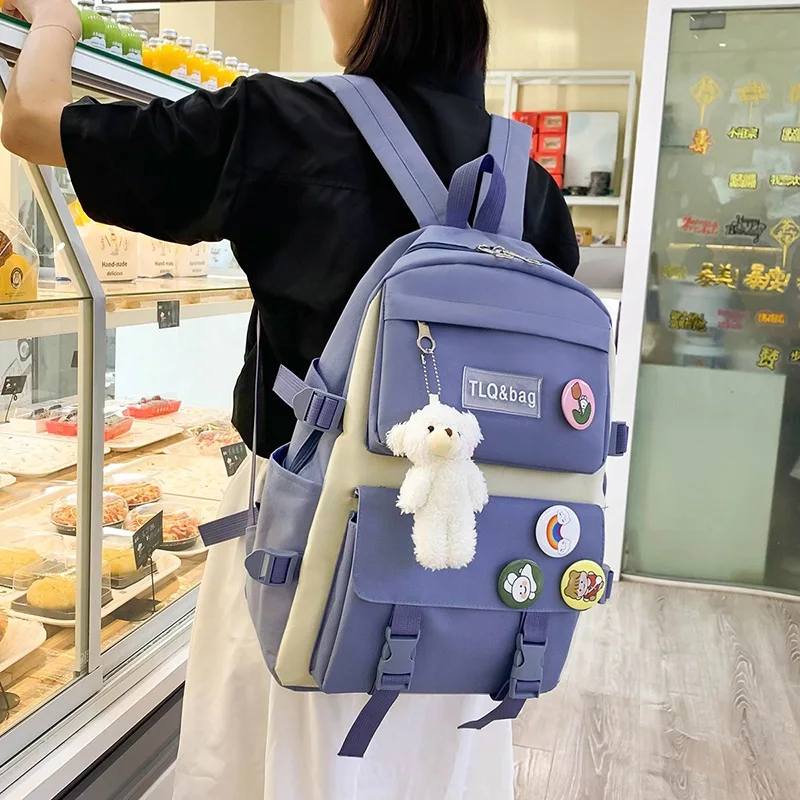 4 Pcs Set Women Laptop Backpack For Teenage Girls Kawaii College Student Kids Book Bag Rucksack 2022 Canvas School Bags