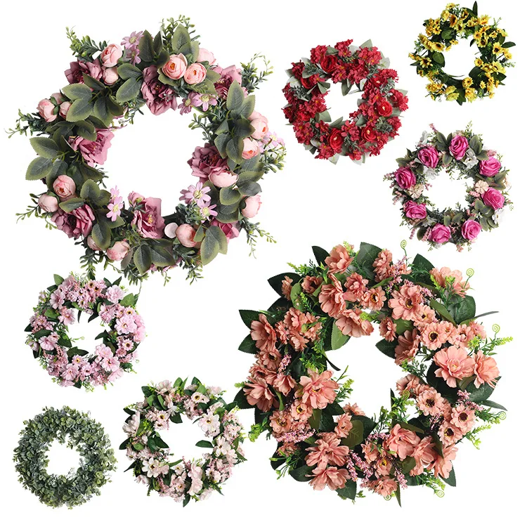 2021 rose artificial silk flower round heart garland wreath for wedding party decoration