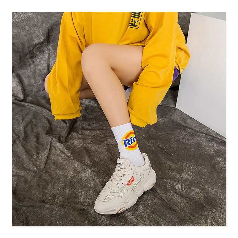 Korean Funny Orange Letters Rich Hip-hop Skateboard Stockings Cotton Funky Letters RICH Unisex Adults Sports Socks