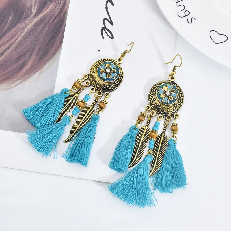 Bohemian Vintage Long Feather Resin Beaded Dangling Earrings Handmade Tassel Earrings Party Jewelry