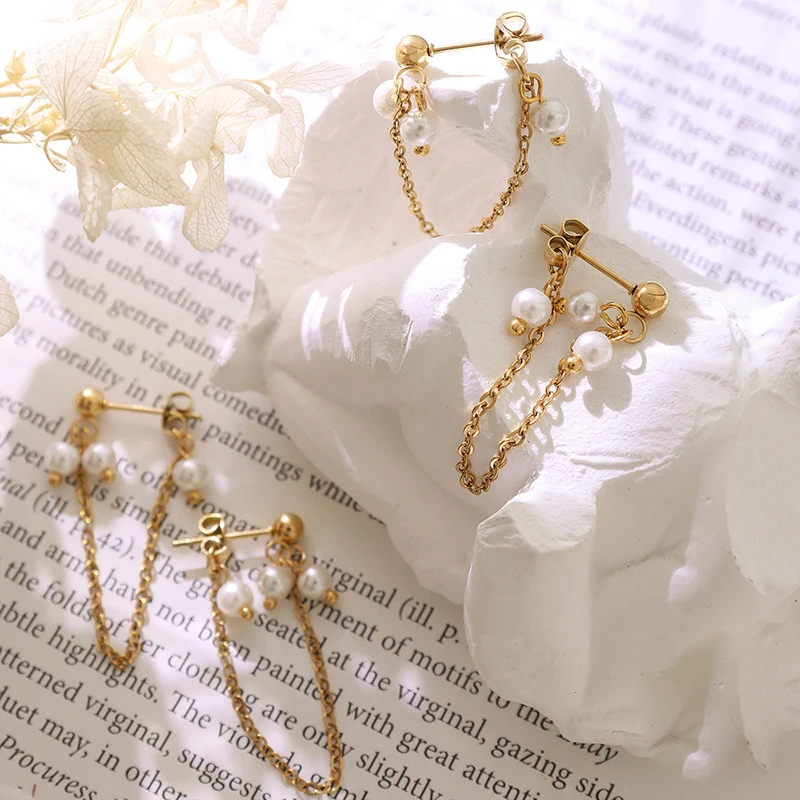 Exquisite Baroque freshwater pearl thin chain tassel long earrings double way  back stud post ear ring for girls