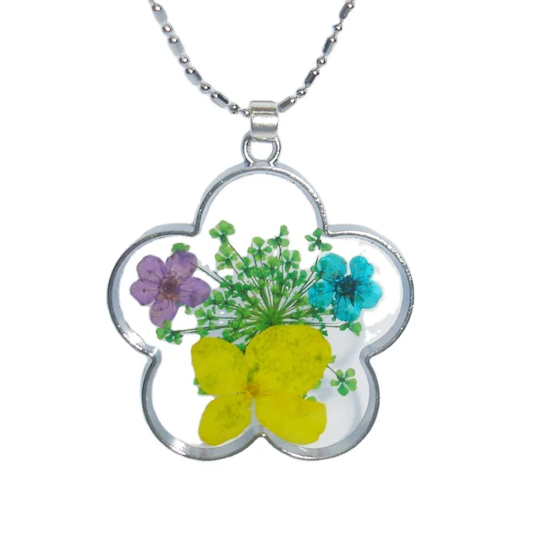 4mm Wide Silver Metal Pendant Necklace with Real Flower Inside Epoxy Resin Copper Jewelry Amber Stone for Engagement Gifts