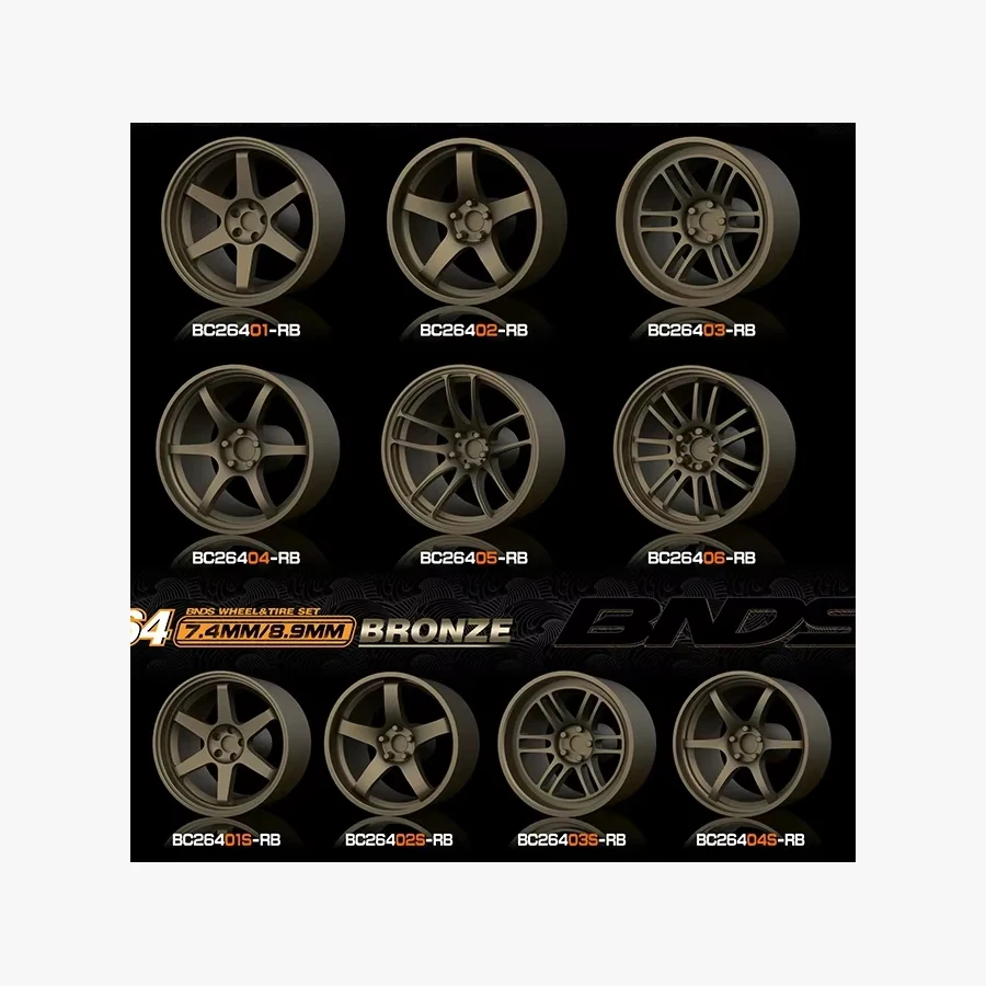 1/64 Bronze ABS Wheels With Rubber Tires By BNDS Assembly Rims Modified Parts for Model Car Refitted Model Car 4pcs Set