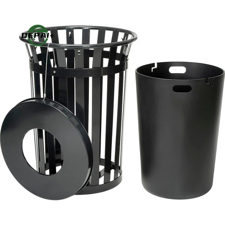 Black American Style Metal Outdoor Slatted Steel Trash Bin Trash Cans for Sales