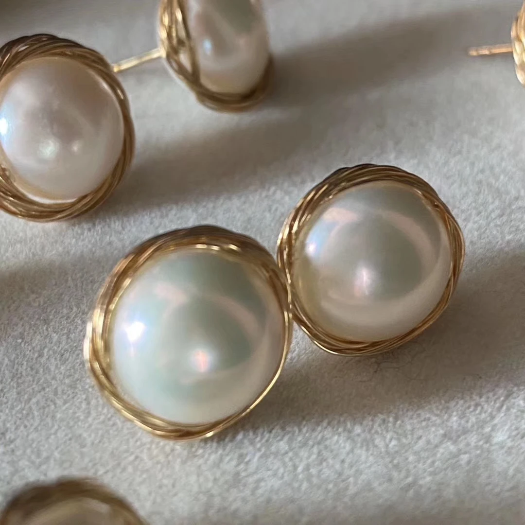14K Filled Gold Handmade Women Stud Earring Natural Freshwater White Pearl Jewelry