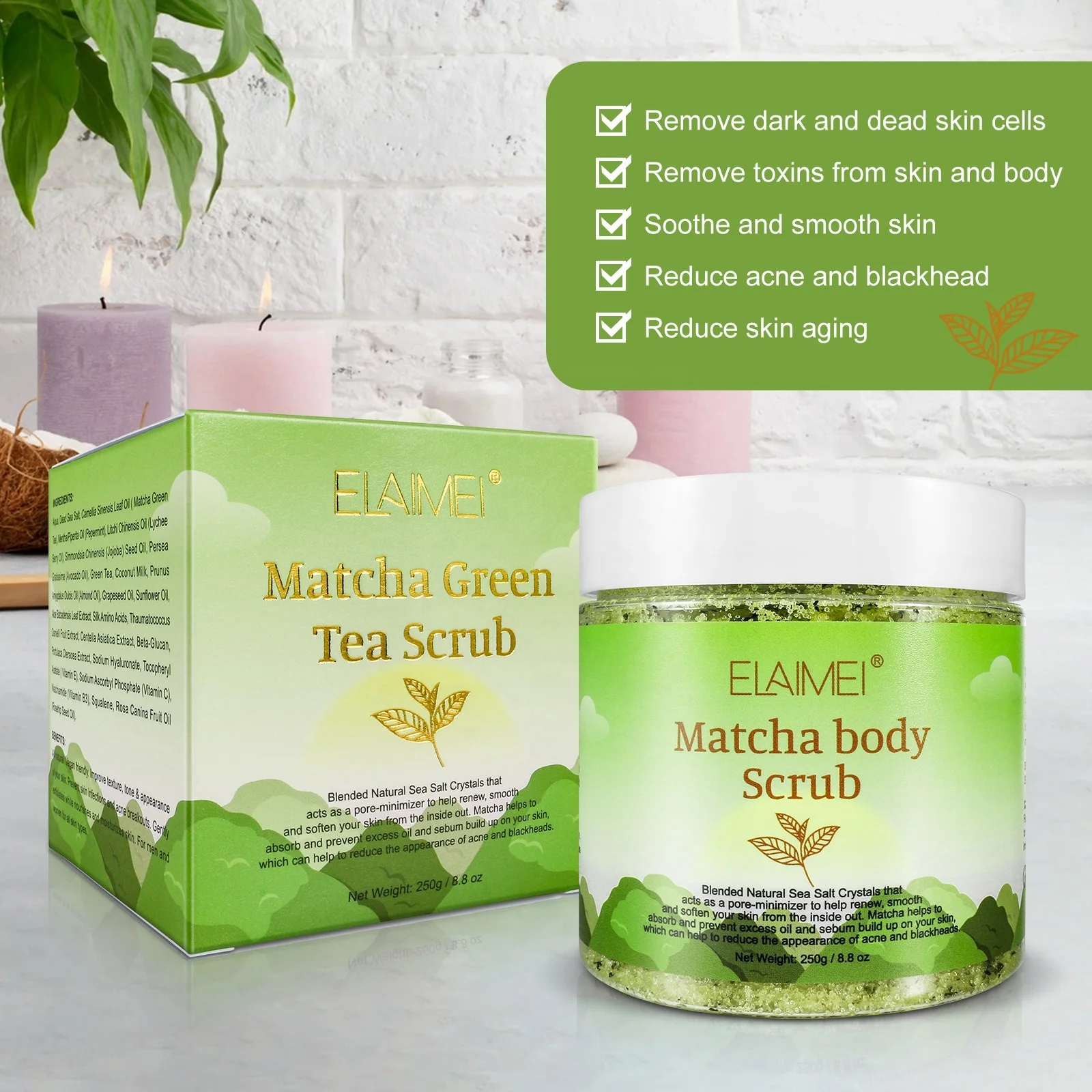 Elaimei Matcha Body Scrub Turmeric Sea Salt Deep Cleansing Exfoliating hydrating body scrub