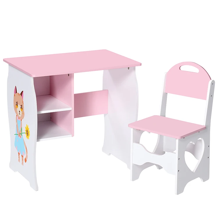 Kids Activity Wooden Table and Chair Set with Storage Baskets Art Table Play Set Furniture with Modern Gray pink  Colors