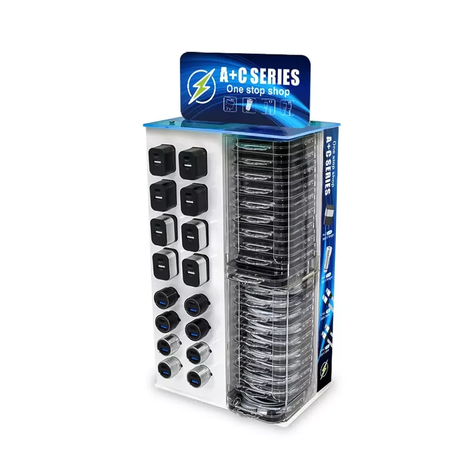 72Pcs products display racks acrylic mobile phone accessories 360 rotatable display charger usb cables car charger display stand