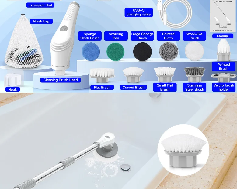 Электрическая вращающаяся щетка с 2 клавишами модель 11 в 1 удлинительная ручка эффективная и легкая Чистящая Щетка
