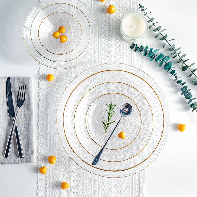 Premium Glass Dinnerware Sets Woven Glass Chargers with Gold Rim Quartz Glass Bowls and Plates for Upgrade Your Table Setting