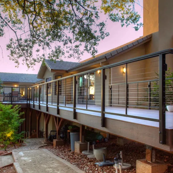 American style exterior patio aluminum post wood handrail with stainless steel cable railings from Foshan manufacturer