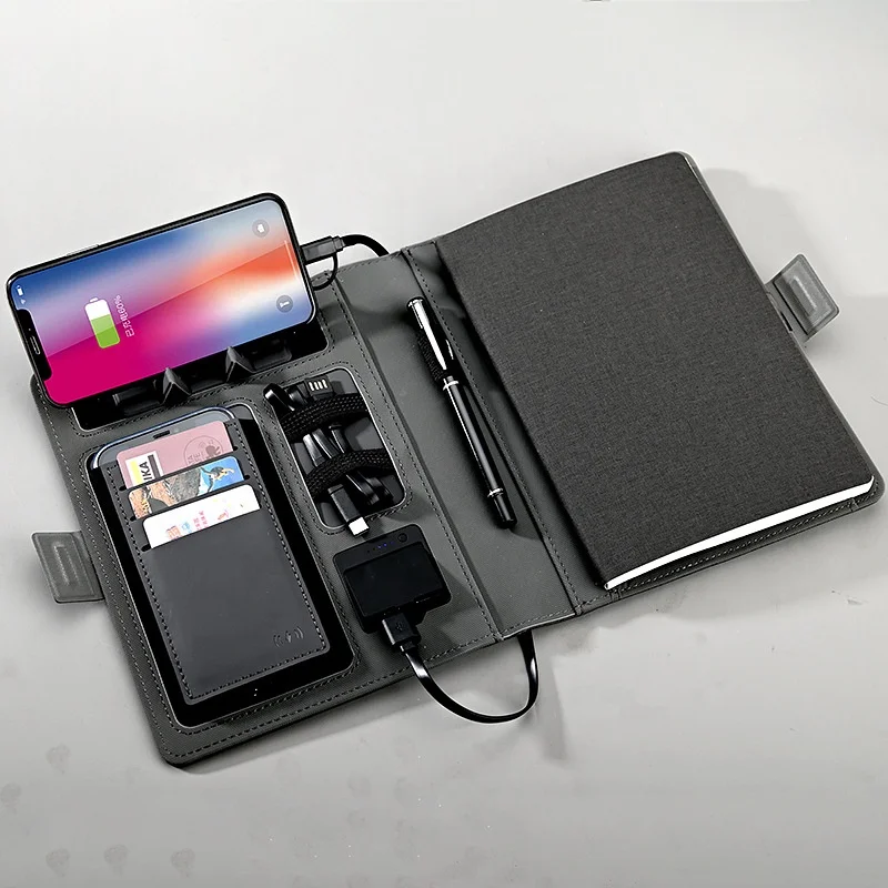 Multifunctional notebook powerbank wireless charger notebook office business agenda with phone holder