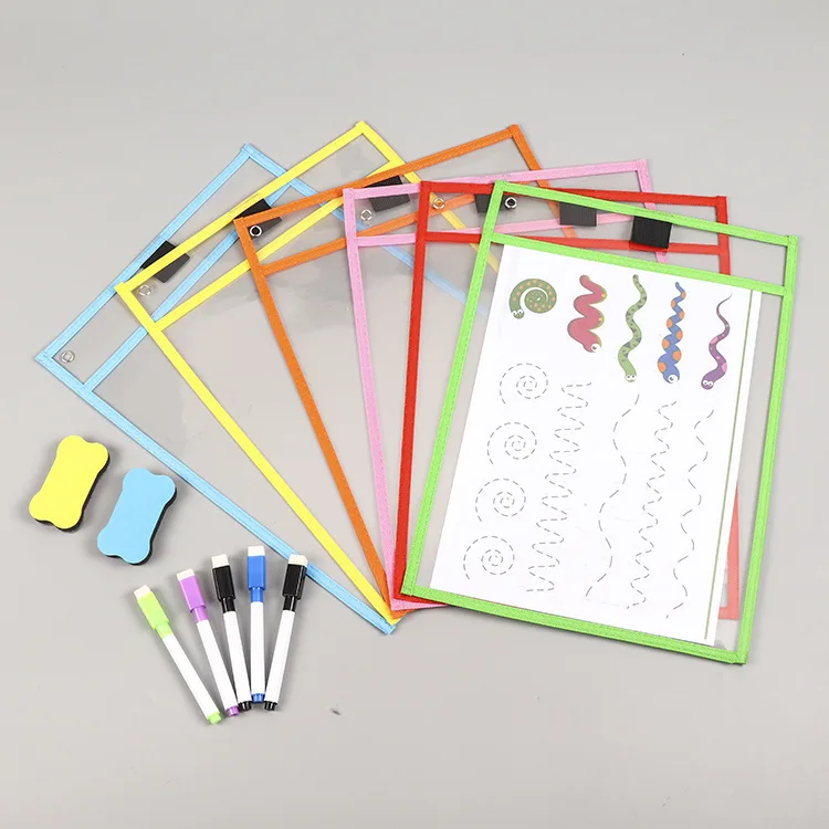 Colored Children Writing Drawing Transparent PVC Easy Wiped Reusable Dry Erase Pockets Sleeves