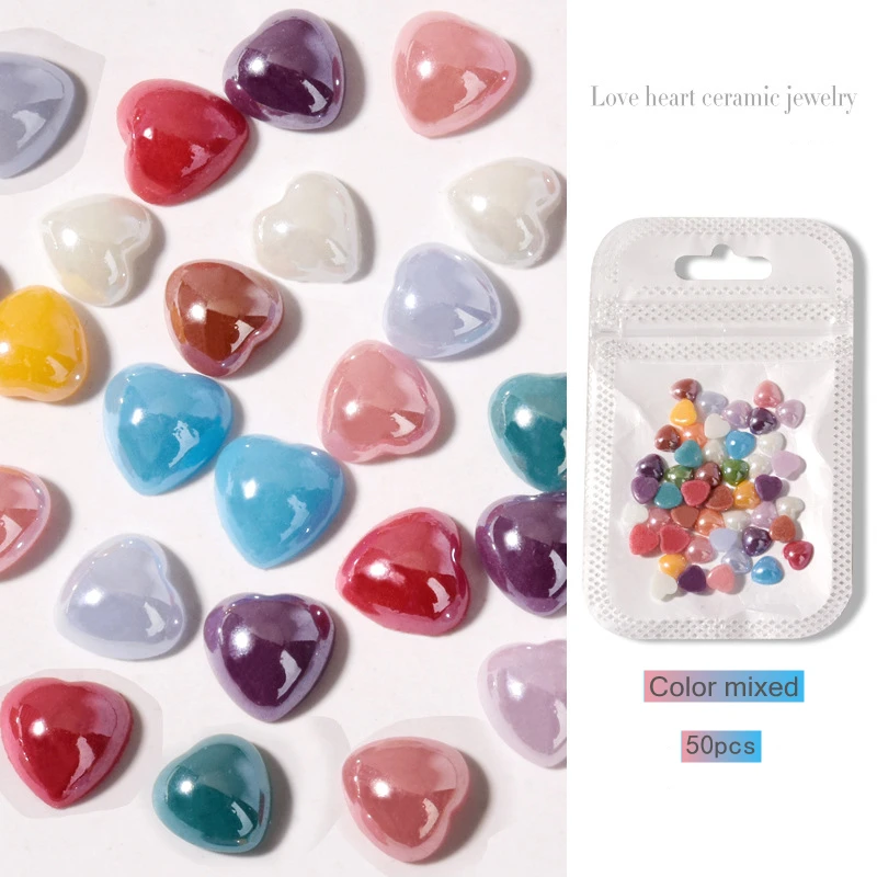 50 pieces of nail art accessories white love jewelry peach heart white heart-shaped  color ceramic 3D nail decoration