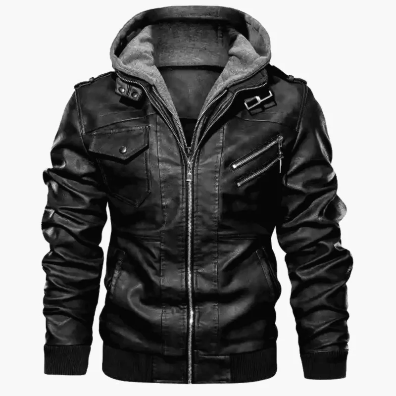 2023 spot zipper digging bag black youth lapel zipper winter straight hem hooded casual leather jacket