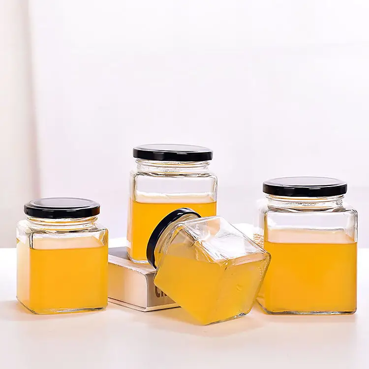 50ml 80ml 100ml 150ml 200ml 280ml 380ml 500ml 730ml Empty Square Clear Glass Honey Jar For Food Storage Jam with Metal lid