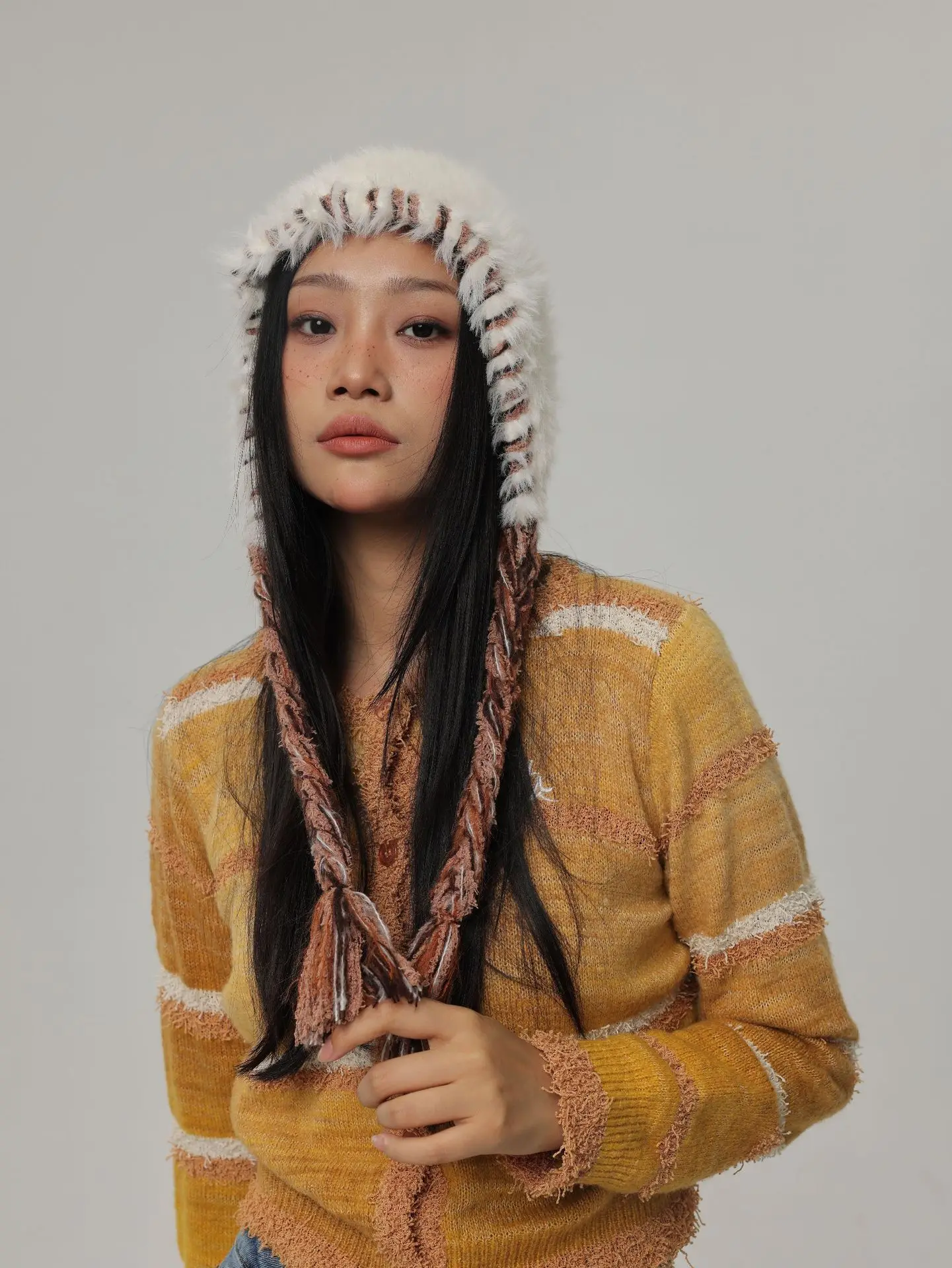Winter warmth all-match woolen knitted Lei Feng hat mink hair colorful hand-braided ear protection hat