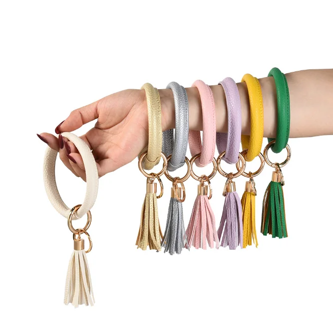 Leather Bracelet Keyring Bangle Keyholder Tassel Ring Circle  Keychain Wristlet for Women Girls Free Your Hands