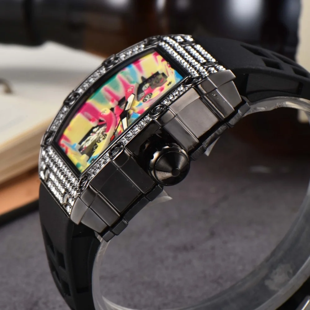 2024 New Hollow Out Colorful Diamond Luxury Watch barrel shaped 3D stereoscopic Richard Calendar Fashion Quartz  Watch for Men