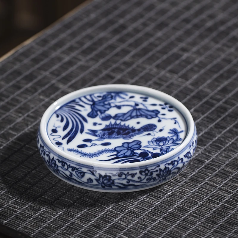 Jingdezhen Blue and White Fish Algae Pattern Lid Kung Fu Tea Accessories Teapot Lid Coaster Pad