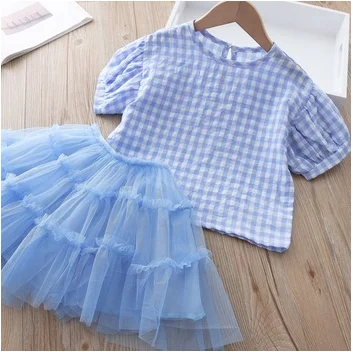 
summer 2020 baby girls 2 pcs suits plaid short sleeve cotton t shirt with tulle tutu skirts sweet kids clothing hot sell 