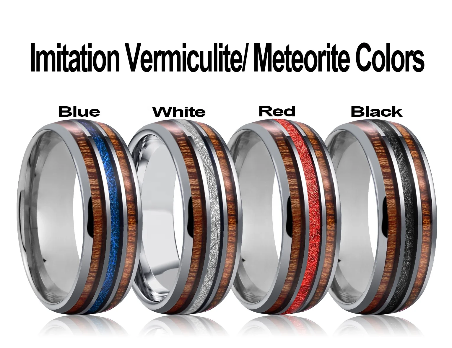 Hawaiian Custom Wood and Blue Meteorite Inlay Tungsten Rings