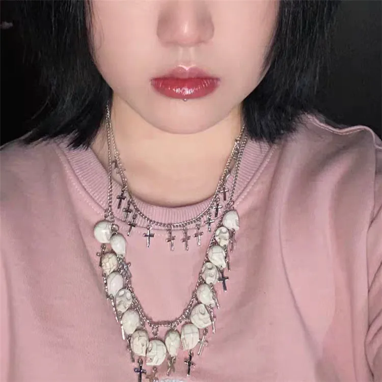 White Hole Skull Halloween Cross Dark Punk Harajuku Retro Gothic Double Sweater Chain Jewelry Necklace