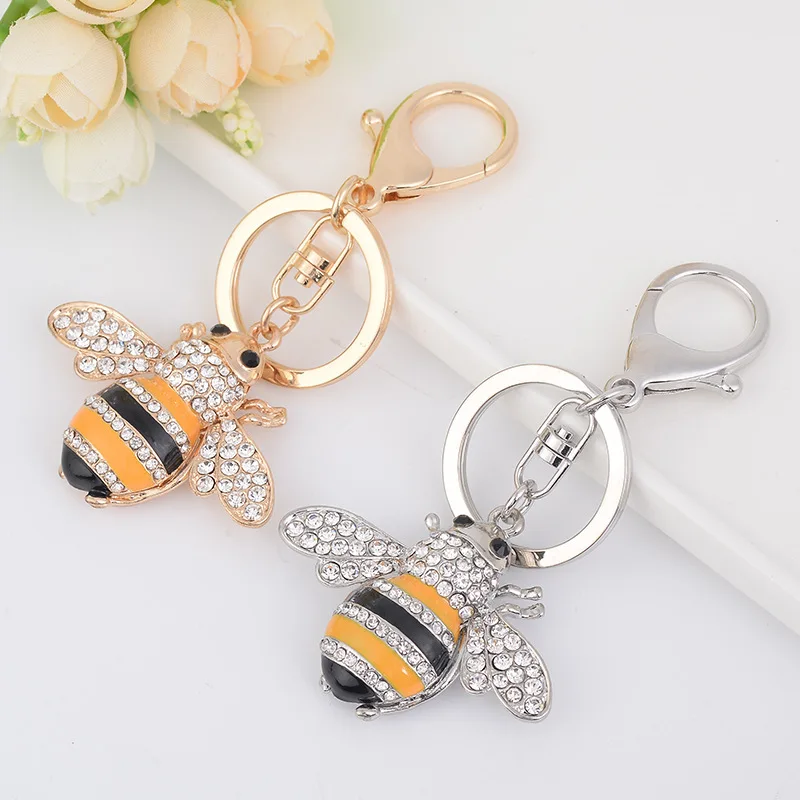 Creative Yellow Enamel Bee Key Chain Car Accessory Rhinestone Honey Bee Pendant Keychain For Girl