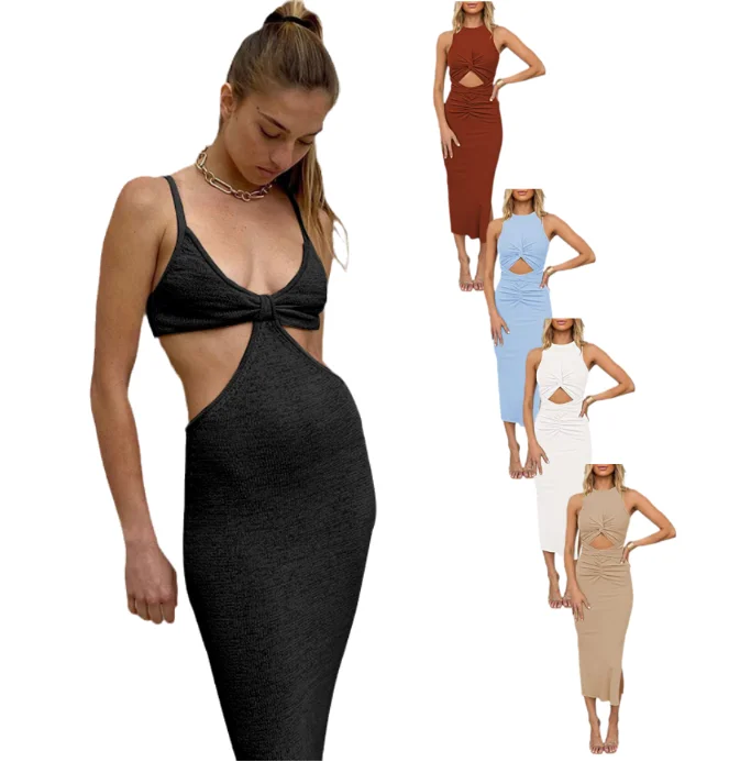 Summer Knit Sleeveless Beachdress Backless Hollow Out Women V Neck Sexy Party Dresses Evening Casual