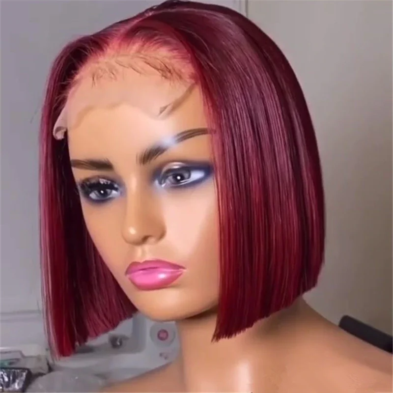 Hot selling 180% density transparent lace front 99j burgundy color short bob wig 100% human hair wigs for black women