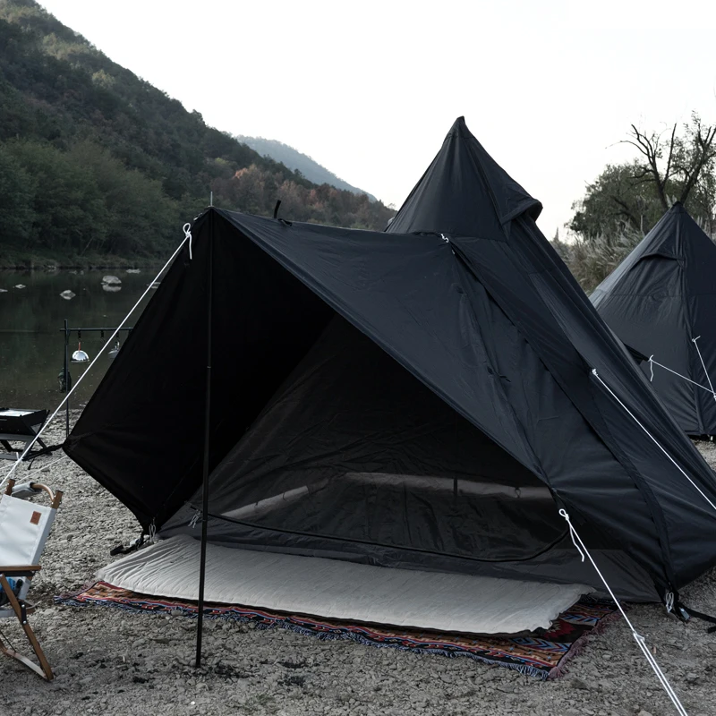 Cheap Outdoor Camping Black Warrior Tent Shade Sunscreen Rainproof Tent Leisure Family Camping Hexagonal Pyramid Tent