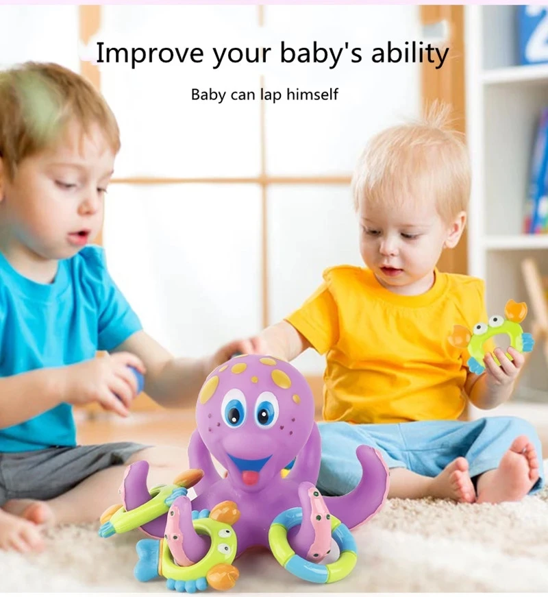 Hot Sell Floating Purple Octopus With 5 Hoopla Rings Interactive Bath Toy Bathtub Bathing Pool Education Toy for Kids