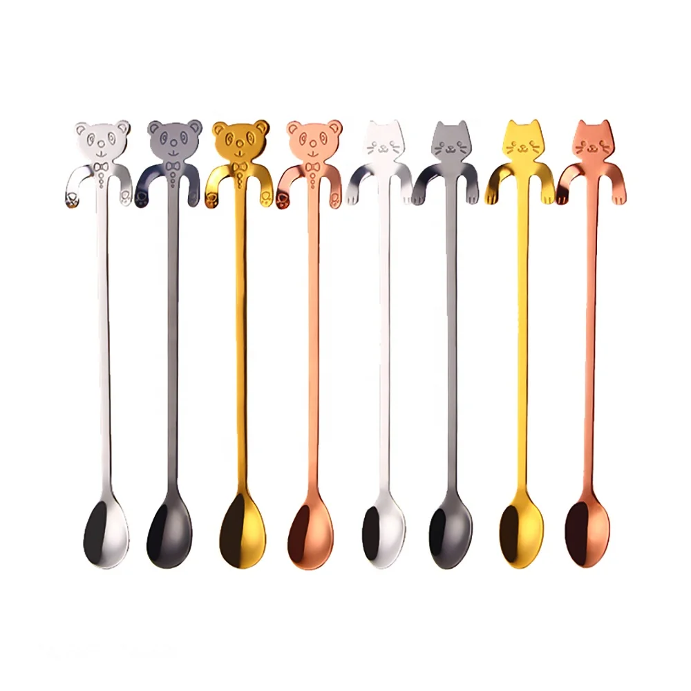 Cat Design Edible Cartoon Silver Black Table Long Handle Brass Korean Stainless Steel 304 Gold Coffee Milk Tea Spoons Ice Spoon