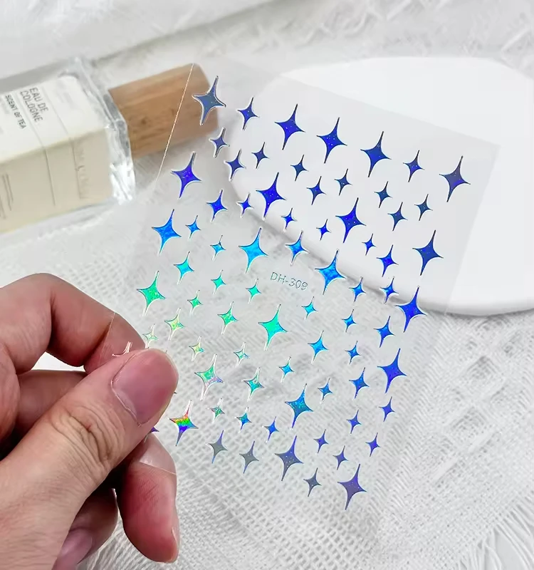 BeQueen Holographic Gold Silver Star Moon Heart Neon Nail Decal Ultra-Thin Waterproof Self-Adhesive 3D Nail Sticker Multiple