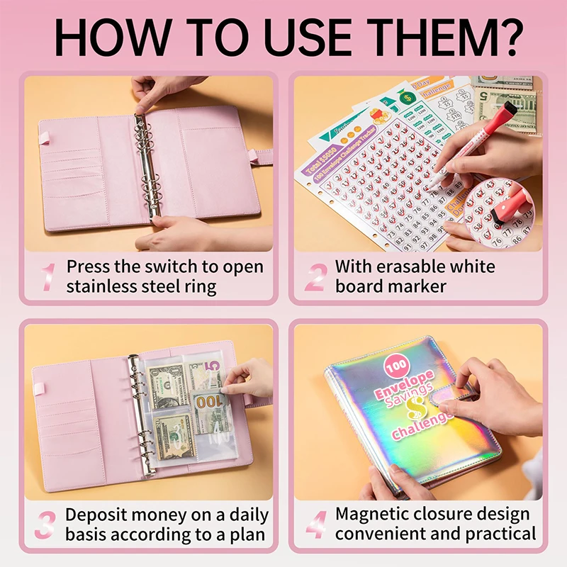 Custom Logo A5 A6 Pu Leather 100 Days Book Envelope Savings Challenge 5050 Money Ring Budget Binder
