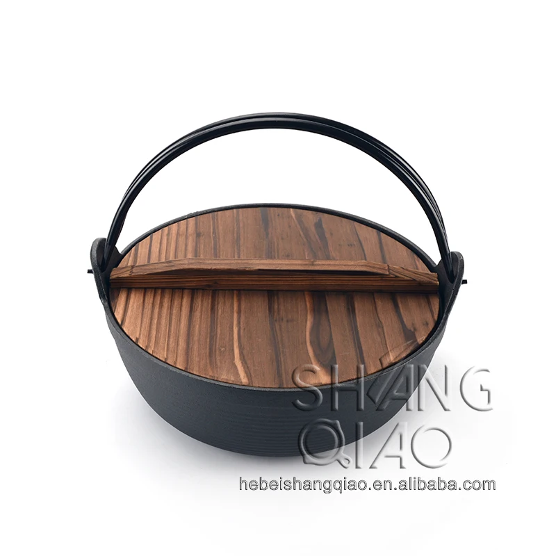 Japanese Design Cast Iron Nabe Sukiyaki Nabemono Hot Pot With Wooden Lid