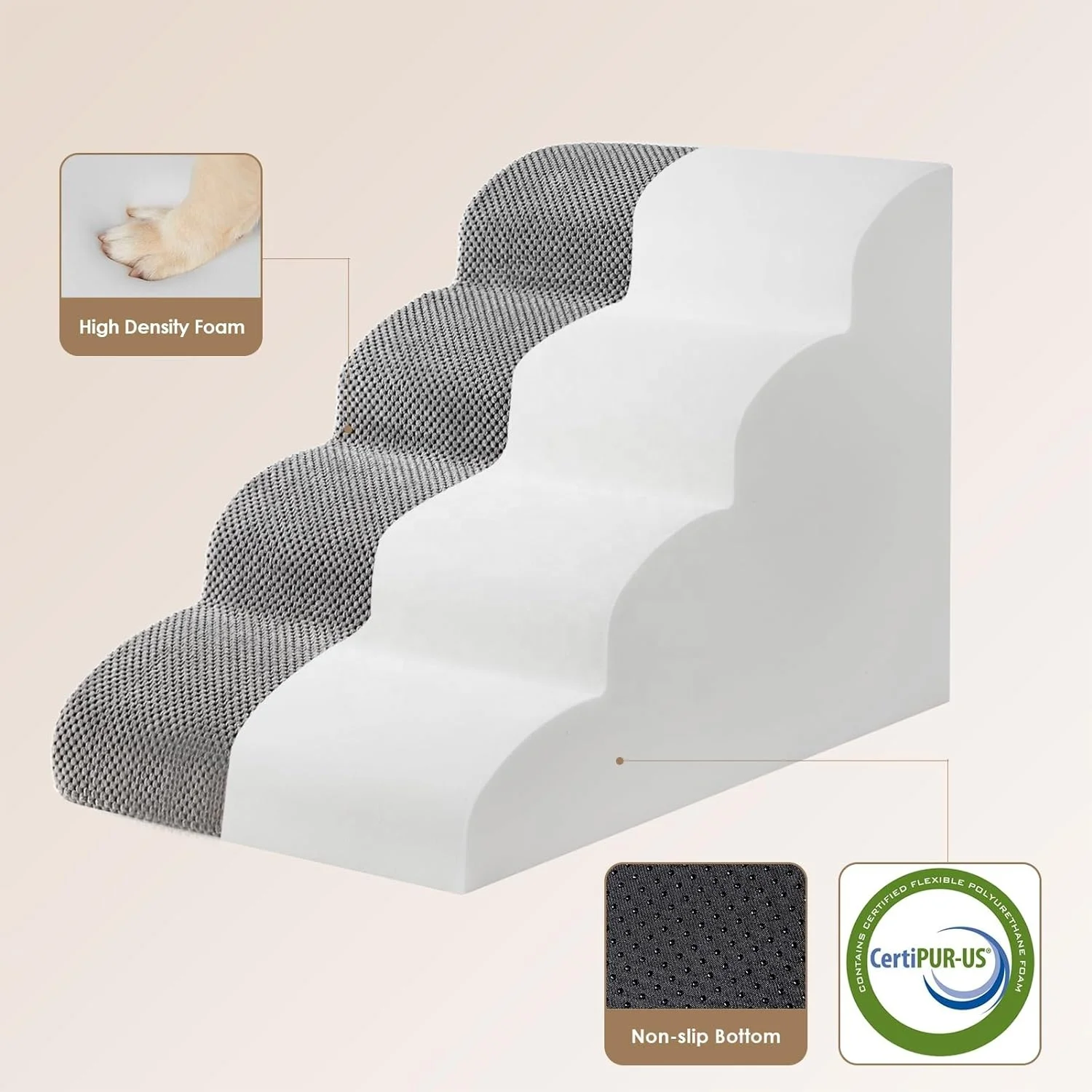 Curved Pet Dog Cat Stair Step for High Bed Coach Climbing Non-Slip Balanced Ramp Indoor Grey with Washable High Density Foam