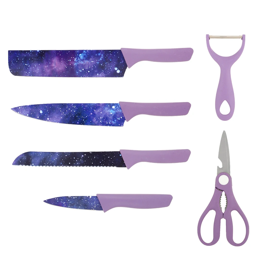 6 Pcs Colorful Starry Sky Kitchen Knife Set Kitchen Knives with Peeler - Non-Stick Stainless Steel Chef Knife Set