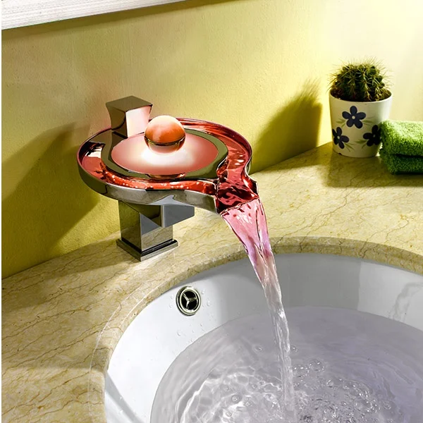 Hot and Cold Single Handle Bathroom Basin Mixer Tap Faucet Glass Basin Faucet Color Changing LED Tub Waterfall Faucet