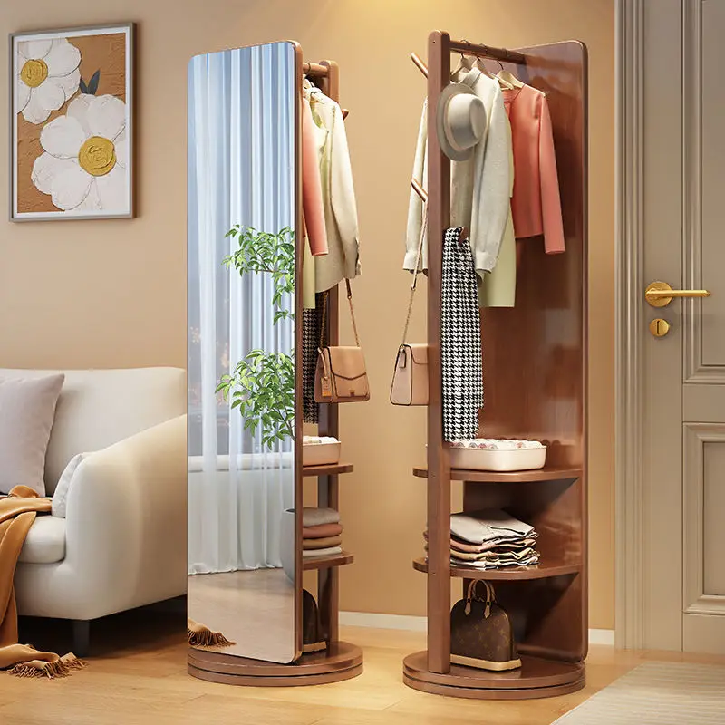 Solid wood floor-standing full-length dressing mirror  movable feature integrated with hanging rack for bedroom use