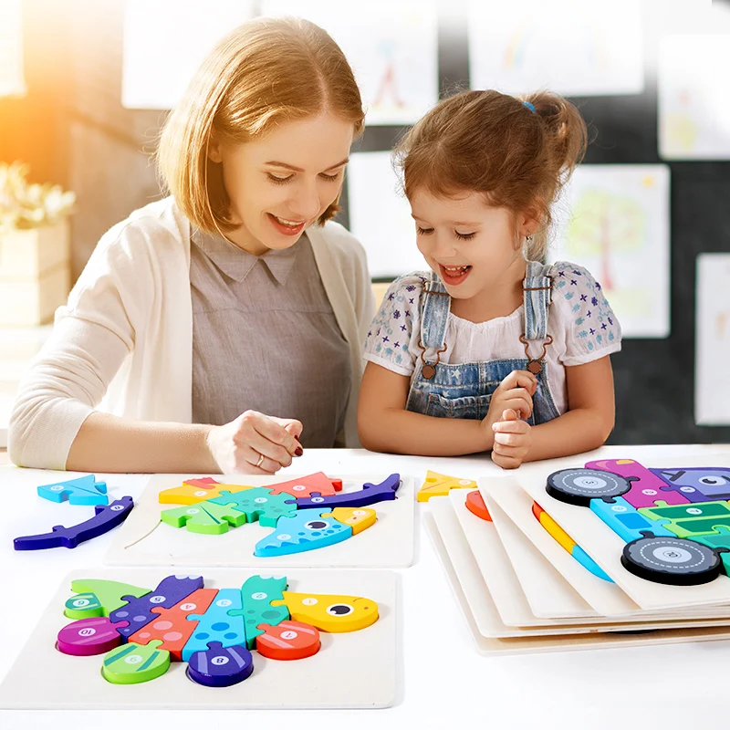 Wooden Popular 3D Cartoon Kids Animal Puzzle Board Game Dinosaur Baby Educational Toys Jigsaw Puzzles