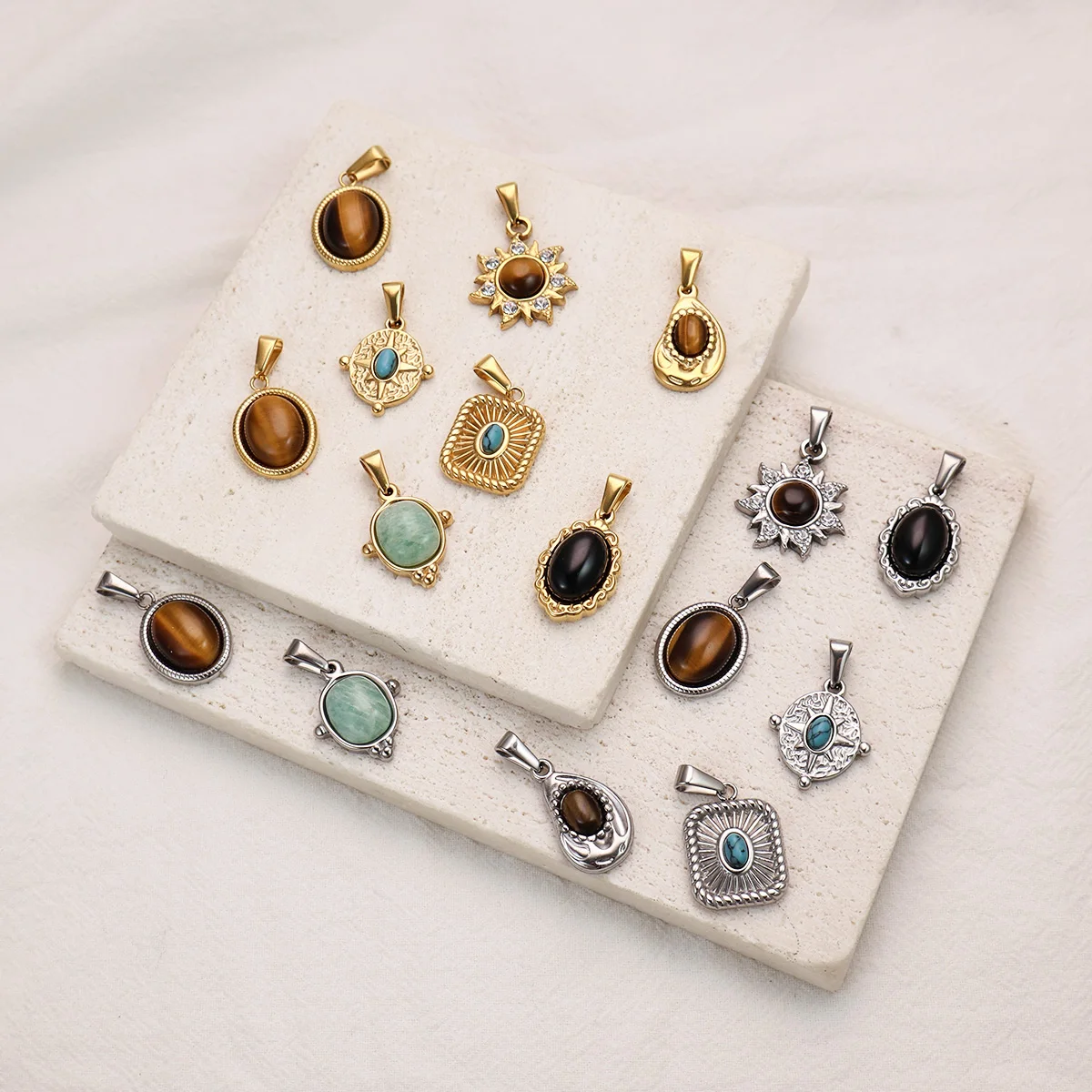 2025 Trendy Jewelry Stainless Steel Oval Gemstone Turquoise Pendants 18K Gold Plated Natural Tiger Eye Stone Charms Pendant