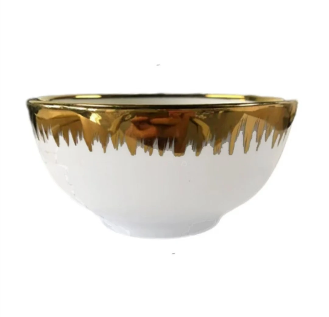 High Quality White Ceramic Bowl Gold Accents Large Small Antique Design Porcelain Noodle Bowls Dishwasher Safe Home Use