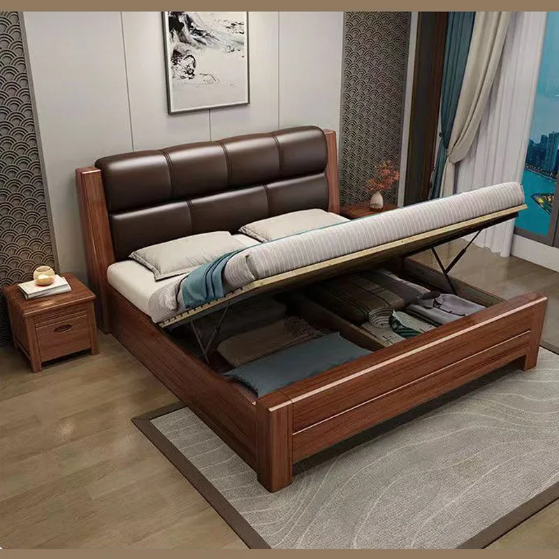 Modern new Chinese style Walnut solid wood bed Master bedroom soft leather bed 1.8m wedding bedroom high box