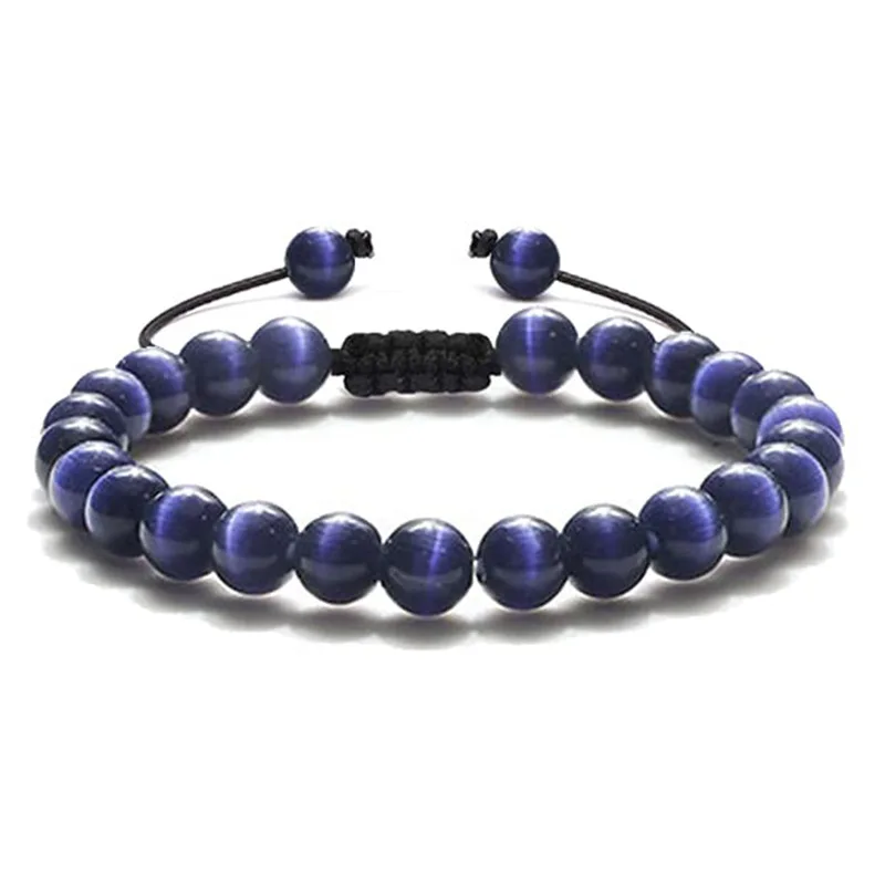 New Fashion Cute 8mm Gemstone Natural Agate Jasper Aventurine Adjustable Macrame Cat Eye Stone Beads Bracelet
